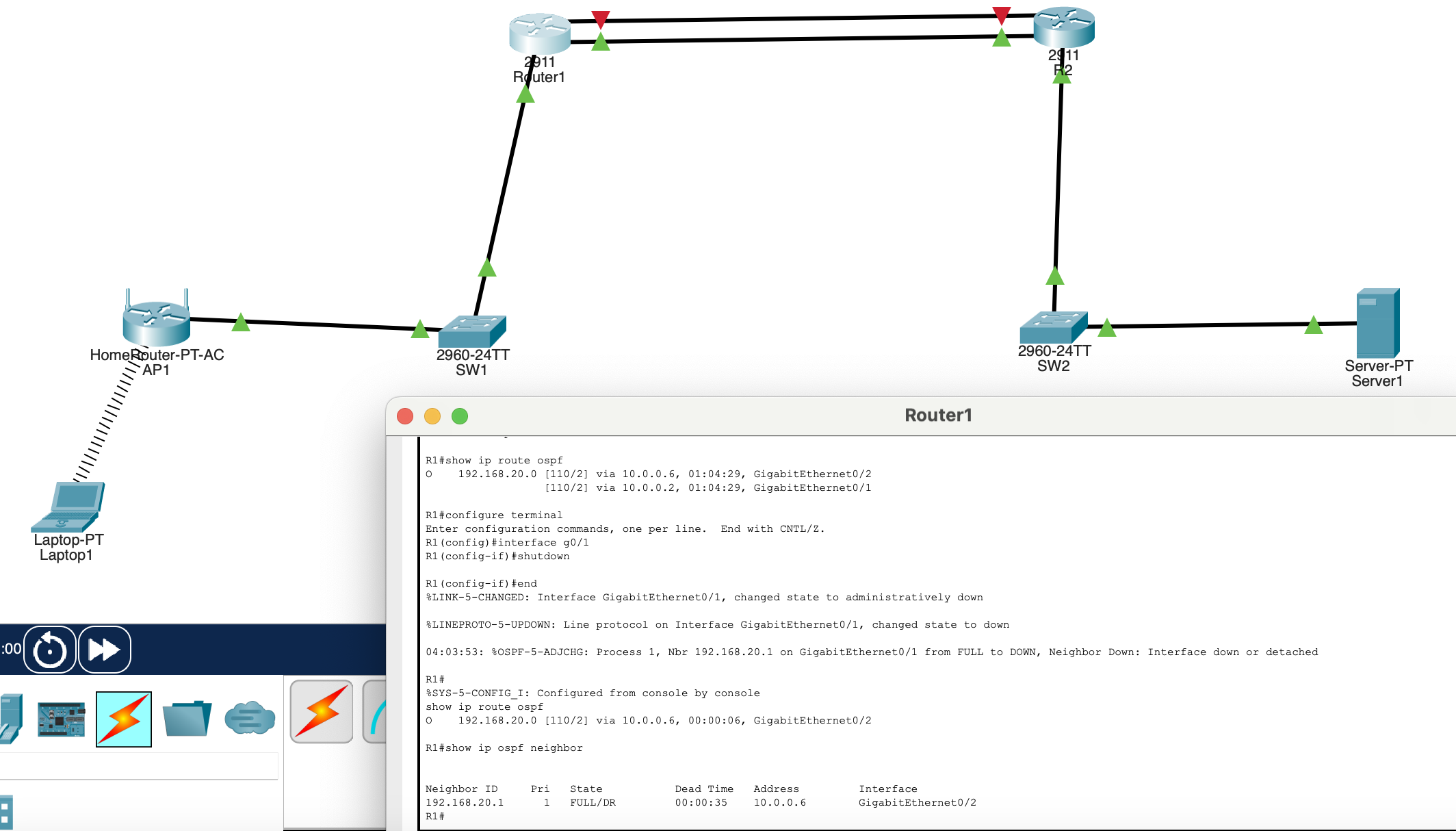 OSPF dual-link failover in Packet Tracer