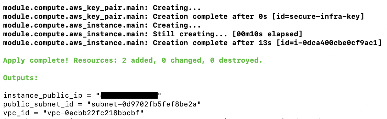 terraform apply output showing modules provisioning AWS resources